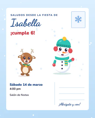 Postal de invierno. Como una postal de invierno con estampilla, muñeco de nieve y reno.