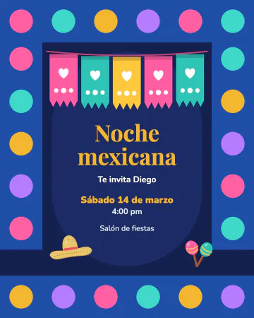 Noche mexicana. Marco de azulejos alrededor, fondo azul noche y guitarra de mariachi.