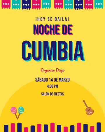 Noche de cumbia. Como cartel de baile sonidero, con letras grandotas y colores fuertes.