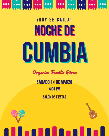 Noche de cumbia. Como cartel de baile sonidero, con letras grandotas y colores fuertes.
