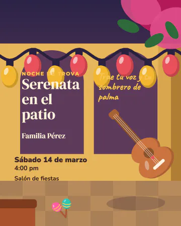 Trova en el patio. Una guitarra recargada en la columna de un patio de cal y bugambilia.