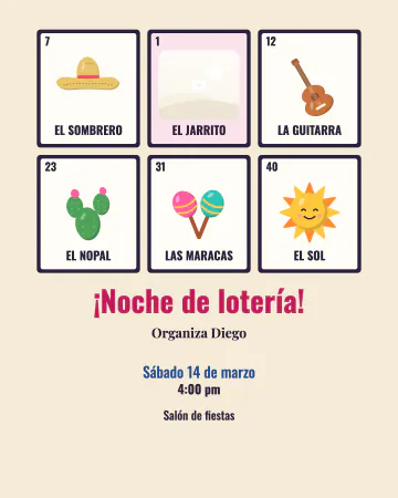 Lotería de la fiesta. Un tablero de lotería con cartas nuevas y tu foto en el centro.