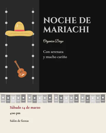 Noche de mariachi. Negro y plata como traje de charro, con sombrero y botonadura.