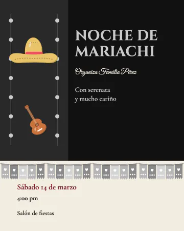Noche de mariachi. Negro y plata como traje de charro, con sombrero y moño rojo.