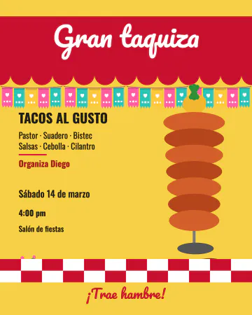 Gran taquiza. Como letrero de taquería en amarillo y rojo, con su trompo de pastor.