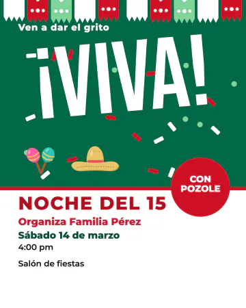 ¡Viva México!. Un "¡VIVA!" enorme con confeti verde, blanco y rojo.