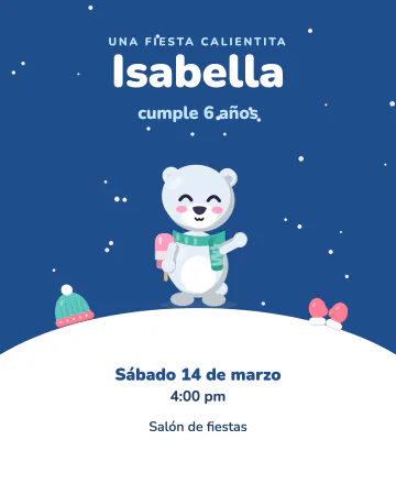 Osito polar. Un oso polar con bufanda tejida sobre azul profundo y nieve cayendo.