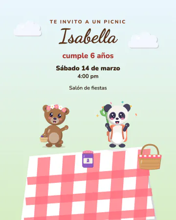 Picnic de ositos. Una osita y un panda comparten un picnic sobre mantel de cuadros.