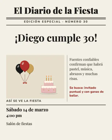 El diario de la fiesta. Primera plana de periódico con titular y noticias de la fiesta.