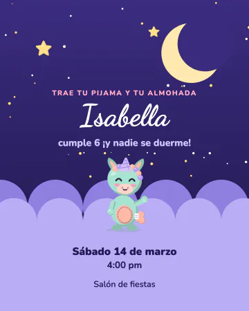 Pijamada de estrellas. Luna, estrellas y un unicornio de peluche.