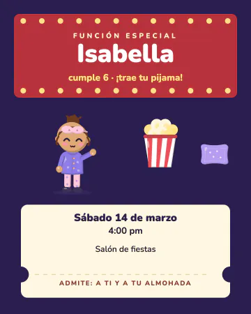 Pijamada y pelis. Marquesina de cine, palomitas y un boleto de función especial.