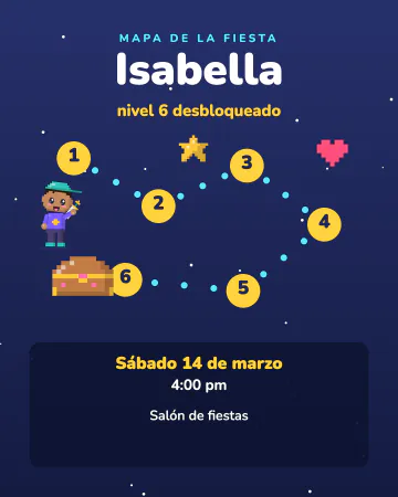 Mapa de niveles. Un mapa de videojuego con niveles numerados, corazones y un cofre al final.