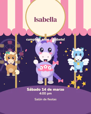 Carrusel de ponis. Tres ponis dan vueltas en un carrusel de feria con foquitos; tu nombre va en el techo.