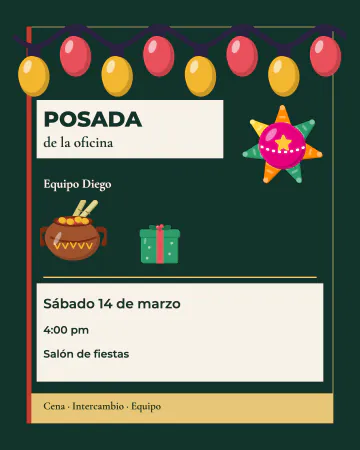 Posada de la oficina. Verde pino con un hilo de luces, una piñata, una olla de ponche y un regalo, limpia y moderna.