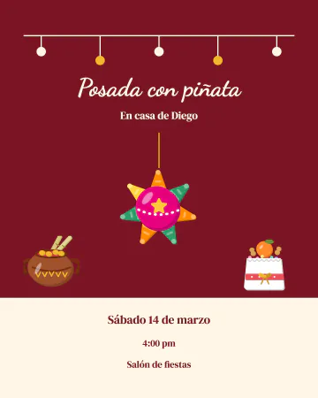 Posada con piñata. Una piñata de siete picos con luces de colores, una olla de ponche y una bolsa de aguinaldo.