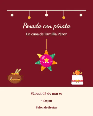 Posada con piñata. Piñata con luces de colores, ponche y aguinaldo.