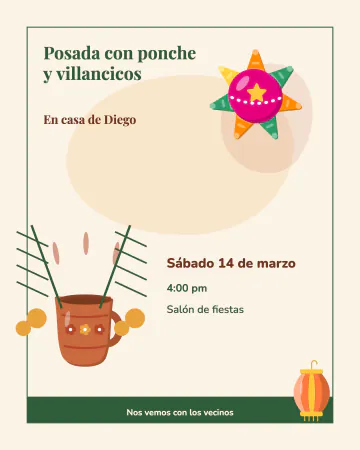 Ponche y villancicos. Un jarrito de ponche calientito con pino y tejocotes, una piñata y un farolito.