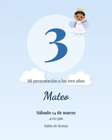 Presentación de mi niño. Un angelito sentado sobre un 3 grande en cielo azul.