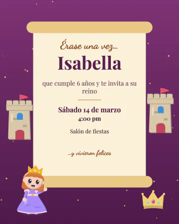 Érase una vez. Un pergamino de cuento con torres de castillo: Érase una vez… Morado y dorado.