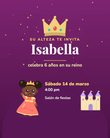 Mi reino. Morado real con corona dorada, una princesa y su castillo.
