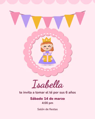 Té de princesas. Merienda de princesas: banderines, marco de festón y una princesa con su regalo.