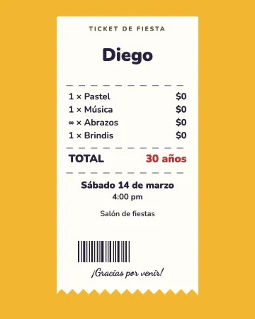 Ticket de fiesta. Un ticket de compra con su lista: pastel, música, abrazos y el total de años.
