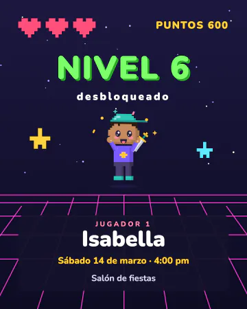 Nivel desbloqueado. Pantalla de videojuego de 8 bits con corazones, puntos y NIVEL con tu edad.
