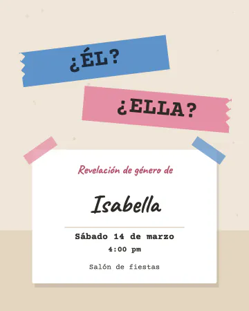 ¿Él o ella?. Cintas rosa y azul pegadas sobre papel kraft que preguntan ¿él o ella?