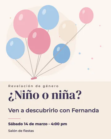 Globos de la sorpresa. Globos rosas y azules flotando sobre crema, con la pregunta de la fiesta en grande.