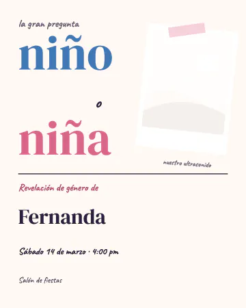 La gran pregunta. Niño o niña en letras grandes y un espacio para poner la foto del ultrasonido.