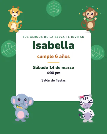 Amigos de la selva. Jirafa, chango, elefante y cebra se asoman alrededor de la tarjeta.