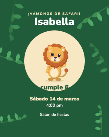 Aventura en la selva. Un león en un círculo rodeado de hojas de selva.
