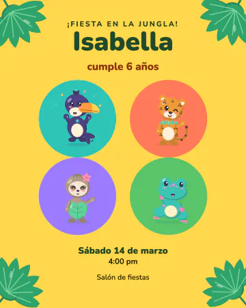 Amigos de la jungla. Cuatro animalitos de la jungla en círculos de colores sobre amarillo brillante.