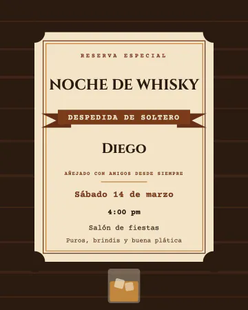 Noche de whisky. Una etiqueta antigua en ámbar, como de botella de whisky, con el nombre del novio.