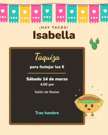Taquiza de cumpleaños. Una pizarra de taquería con el menú de la fiesta y un taquito sonriente.