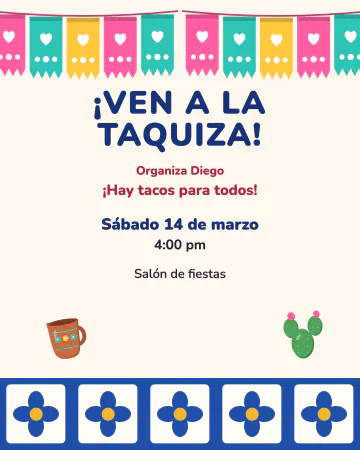 Taquiza con azulejos. Papel picado arriba y azulejos de colores abajo, en azul cobalto.