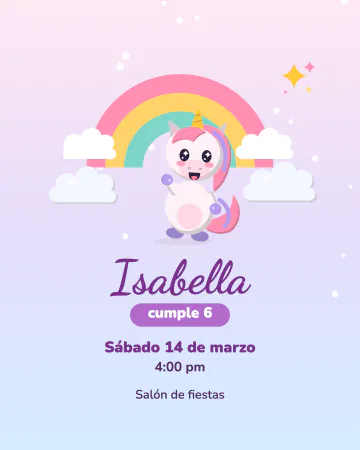 Magia y arcoíris. Unicornio con arcoíris y nubes en tonos algodón de azúcar.