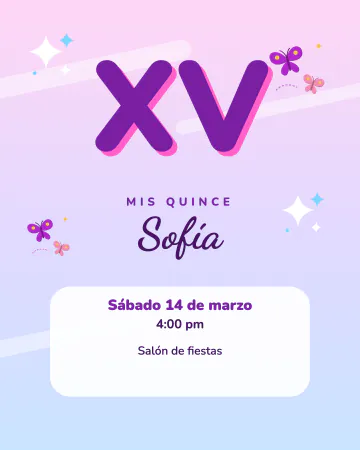 XV dosmiles. Rosa chicle y azul cielo con brillos y mariposas, como en los dosmiles.