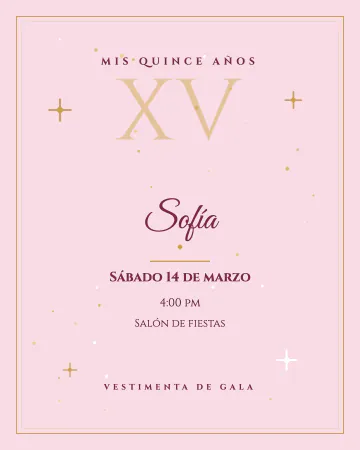 Glam rosa y oro. Rosa con un XV dorado enorme y brillitos.
