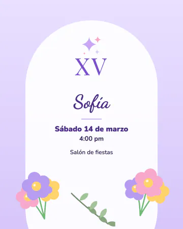 Jardín lila. Arco blanco sobre lila, XV con letras clásicas y flores al pie.