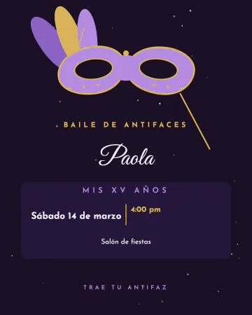 Noche de antifaces. Antifaz con plumas en morado y dorado sobre negro.