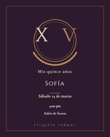 Monograma XV. Las letras XV entrelazadas en un sello con ramitas, ciruela y dorado.
