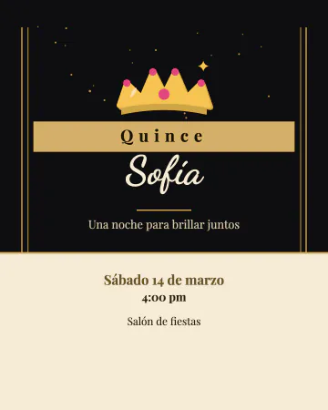 Noche en oro. Negro profundo con dorado y una tiara al centro.