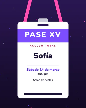 Pase VIP de XV. Un gafete de pase VIP colgando de su cinta, en morado y rosa neón.