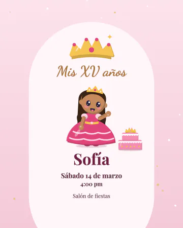 Quinceañera. Una quinceañera dibujada dentro de un arco, con tiara y pastel.