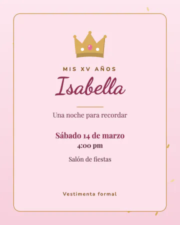 Rosa y dorado. Rosa con confeti dorado, marco fino y corona.