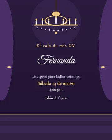 Vals de salón. Un salón de noche con candil dorado y pista de baile.