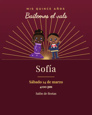 El vals. La quinceañera y su chambelán bailando el vals bajo un abanico dorado.